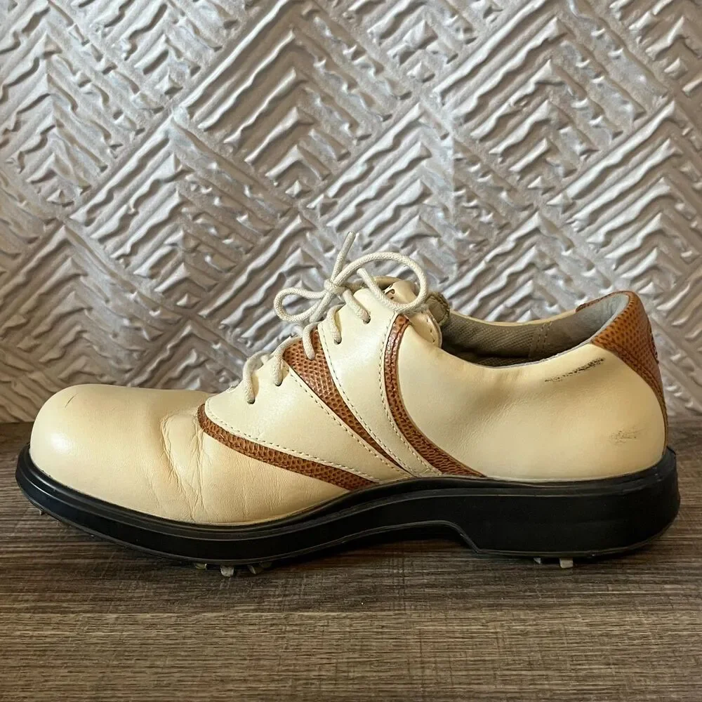 Ecco Gore-Tex Breathable Comfort Size 37 (6.5 US) Beige & Tan Golf Shoe w/Spikes - Picture 2 of 9